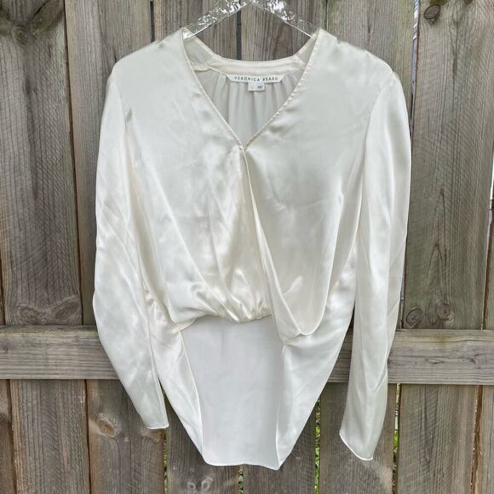 Veronica Beard 100% Silk Satin V-Neck Hi-Low Tunic Classic Top Blouse Ivory Sz 2